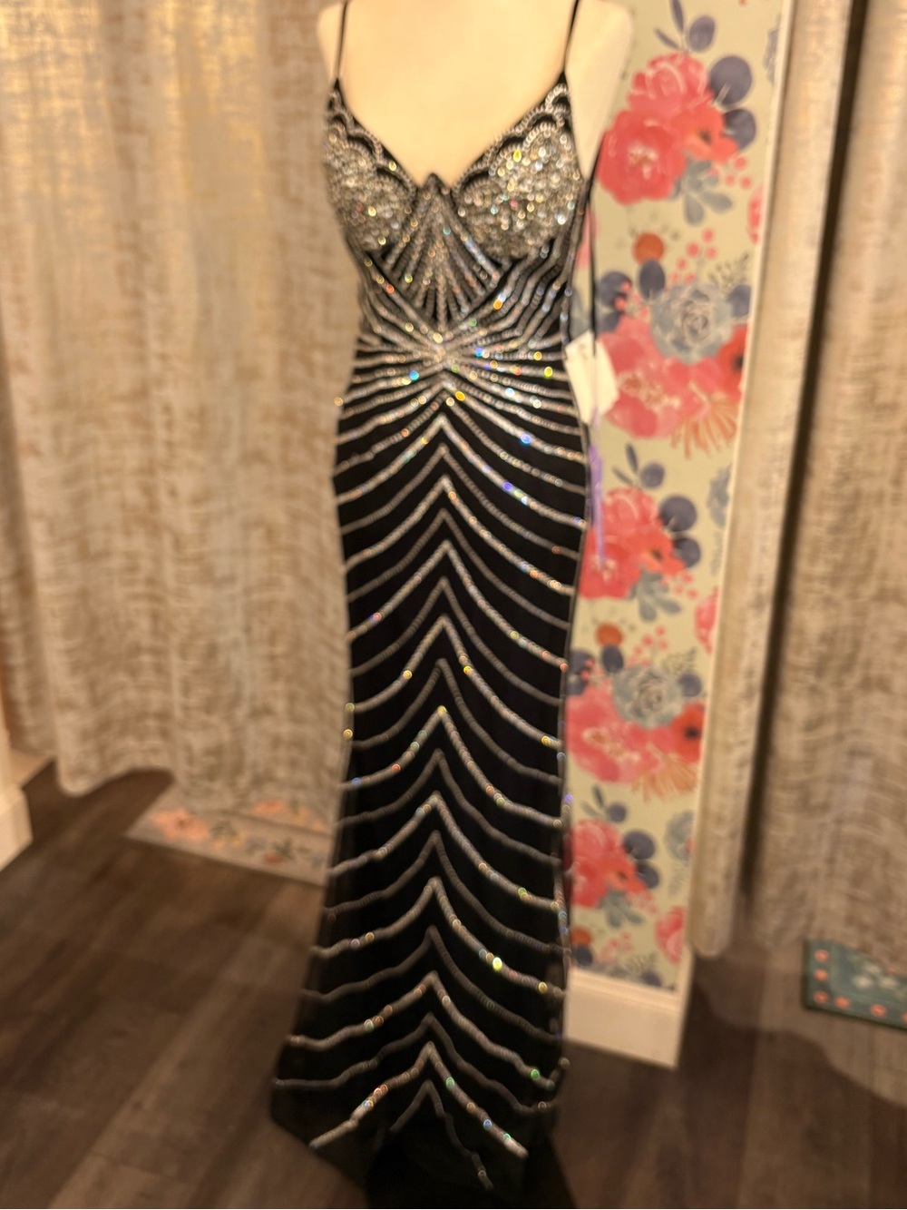 Black Art Deco Inspired Beaded Spaghetti-Strap Gown